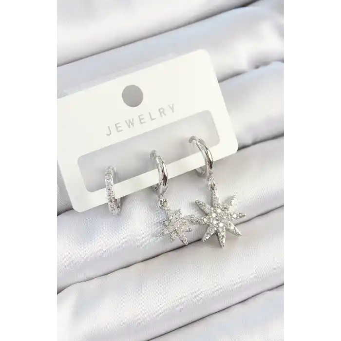 Pirinç Zirkon Taşlı Kutup Yıldızı Model Gümüş Renk 3lü Çift Kadın Küpe Set