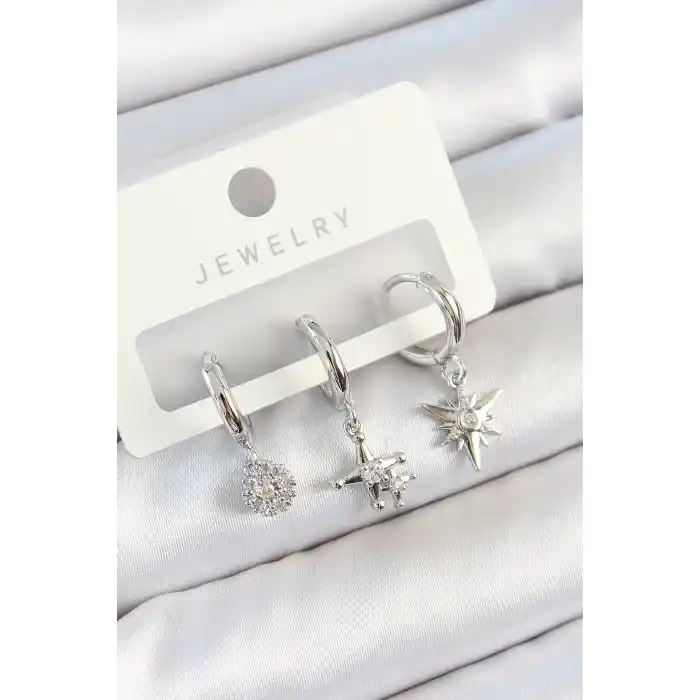 Pirinç Zirkon Taşlı Kutup Yıldızı Model Gümüş Renk 3lü Çift Kadın Küpe Set