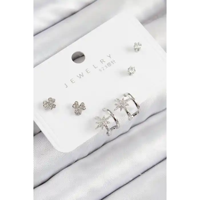 Pirinç Zirkon Taşlı Kutup Yıldızı Model Gümüş Renk 925 Ayar Gümüş Çivi Kadın Küpe Set