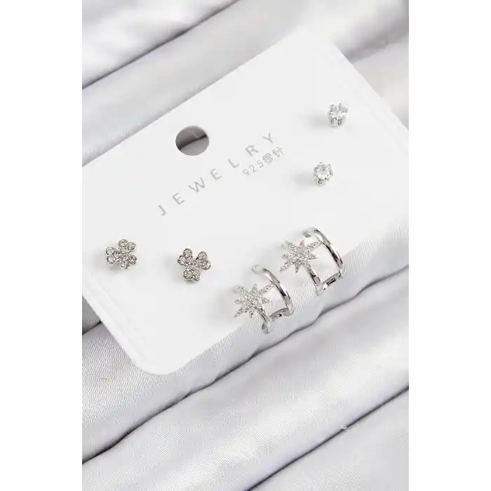 Pirinç Zirkon Taşlı Kutup Yıldızı Model Gümüş Renk 925 Ayar Gümüş Çivi Kadın Küpe Set