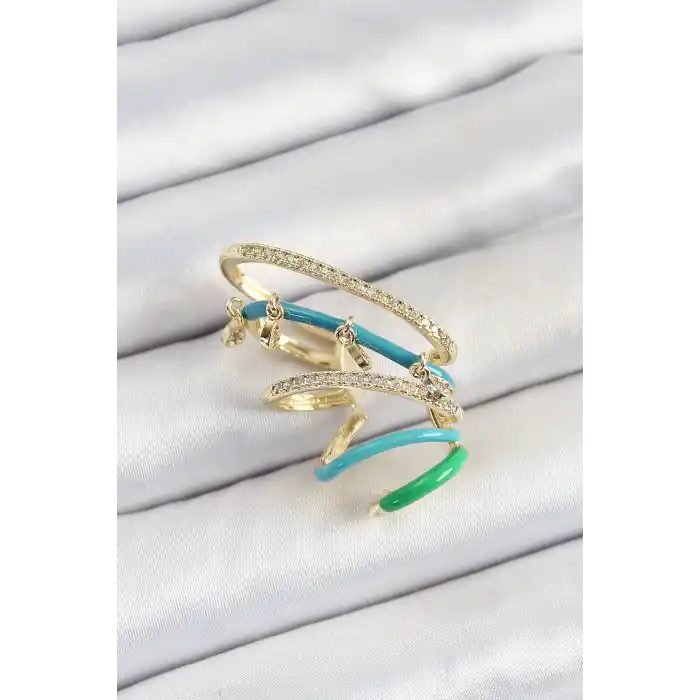 Pirinç Zirkon Taşlı Mavi Yeşil Sıkıştırma Sağ Kıkırdak Gold Renk Kadın Küpe