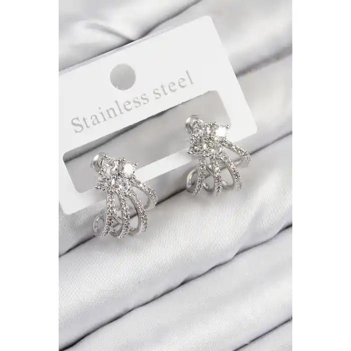 Pirinç Zirkon Taşlı Model Gümüş Renk Kadın Küpe