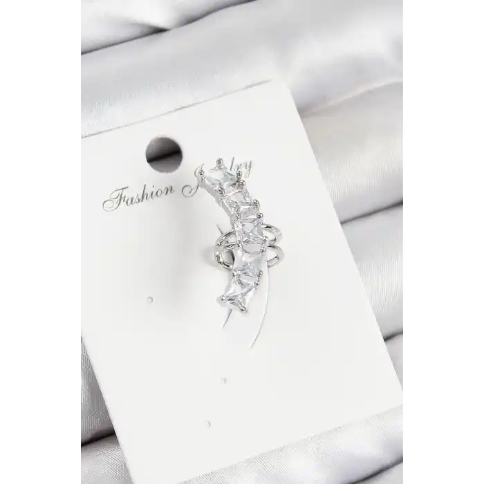 Pirinç Zirkon Taşlı Model Gümüş Renk Sağ Kıkırdak Küpe