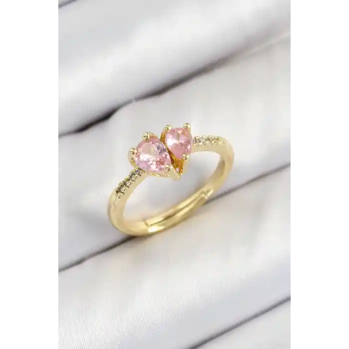 Pirinç Zirkon Taşlı Pembe Kalp Model Gold Renk Kadın Yüzük