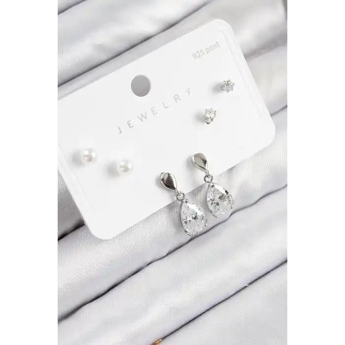 Pirinç Zirkon Taşlı Sallantılı Damla Model Gümüş Renk 925 Ayar Gümüş Çivi Kadın Küpe Set