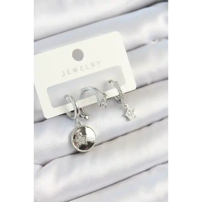 Pirinç Zirkon Taşlı Sallantılı Yıldız Model Gümüş Renk 3lü Çift Kadın Küpe Set