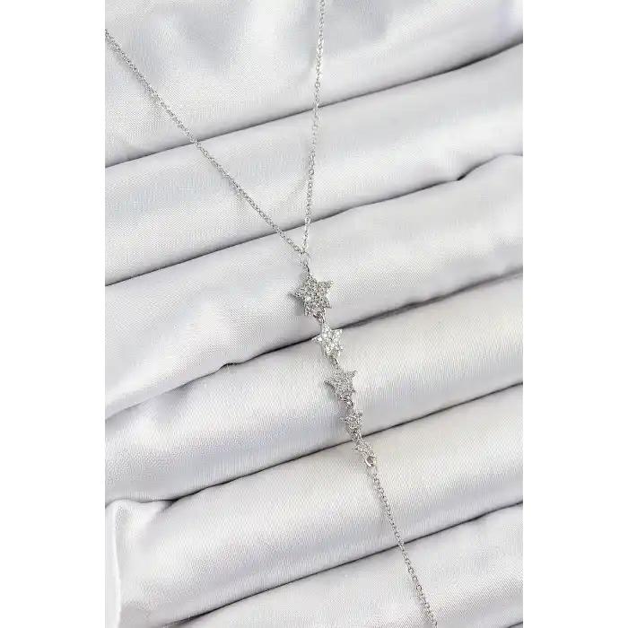 Pirinç Zirkon Taşlı Sıralı Yıldız Figürlü Y Model Gümüş Renk Kadın Kolye