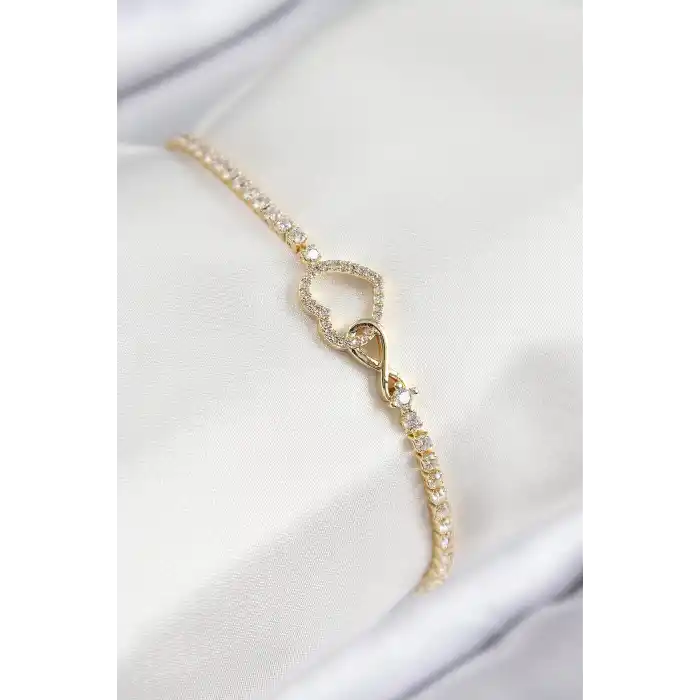 Pirinç Zirkon Taşlı Sonsuzluk Kalp Model Gold Renk Kadın Bileklik