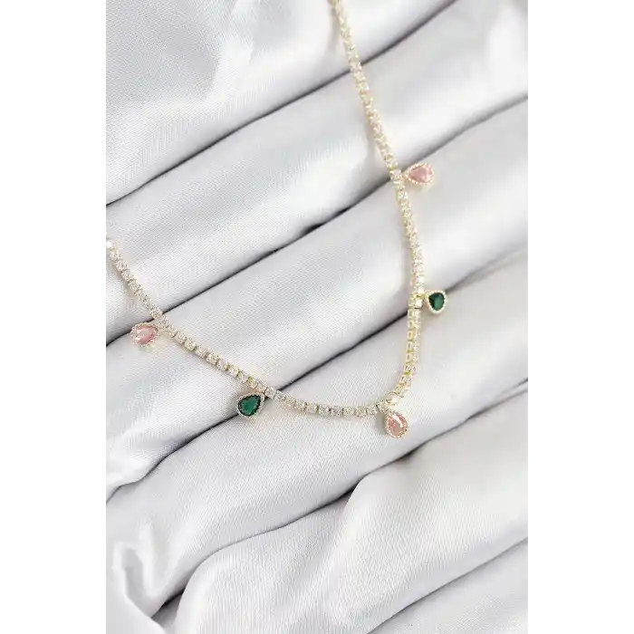 Pirinç Zirkon Taşlı Su Yolu Damla Model Gold Renk Kadın Kolye