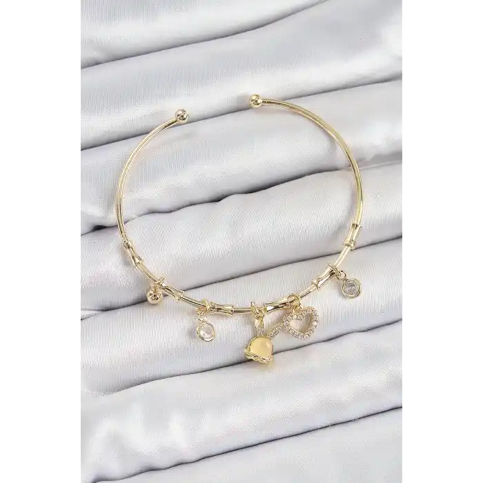 Pirinç Zirkon Taşlı Tavşan Ve Kalp Model Gold Renk Charm Bileklik