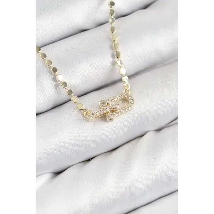 Pirinç Zirkon Taşlı Tifany Model Ezme Zincir Gold Renk Kadın Kolye