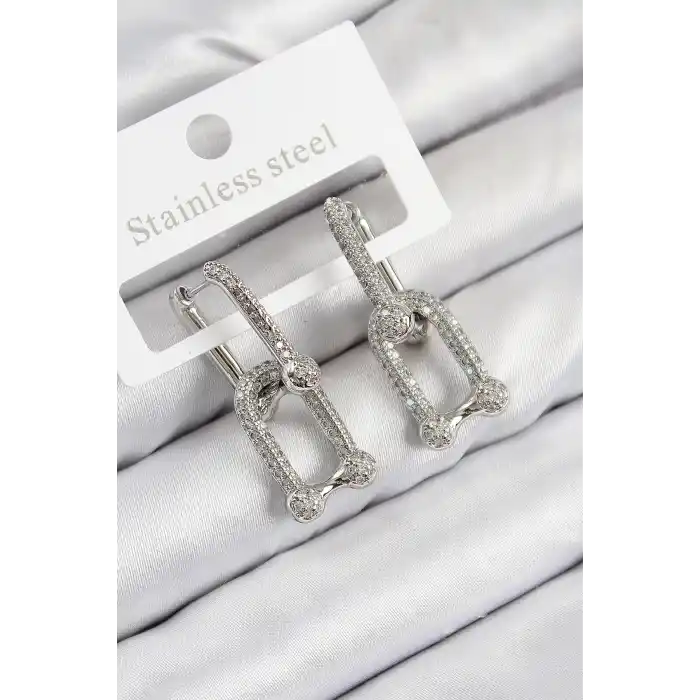 Pirinç Zirkon Taşlı Tifany Model Gümüş Renk Kadın Küpe