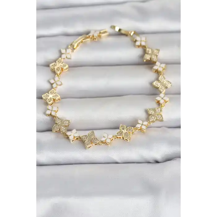 Pirinç Zirkon Taşlı ve Mineli Yonca Model Gold Renk Kadın Bileklik