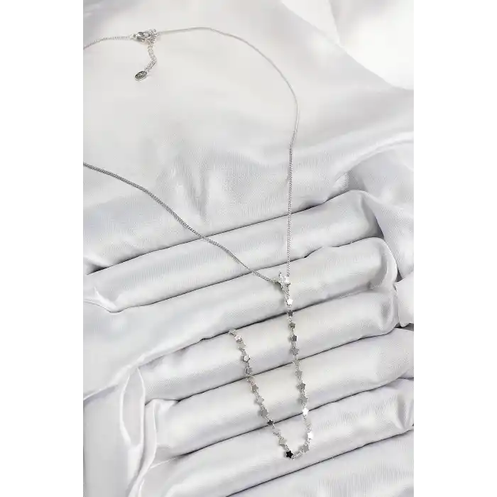 Pirinç Zirkon Taşlı Yıldız Figürlü Y Model Gümüş Renk Kadın Kolye
