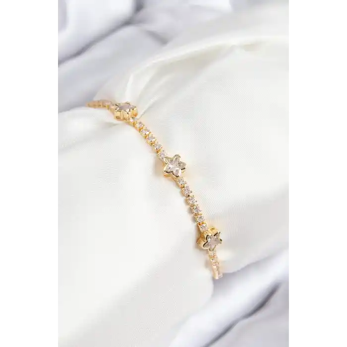 Pirinç Zirkon Taşlı Yıldız Model Gold Renk Asansörlü Kadın Bileklik