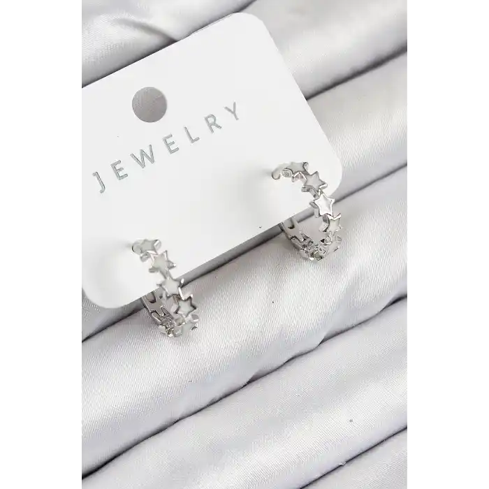 Pirinç Zirkon Taşlı Yıldız Model Gümüş Renk Kadın Küpe