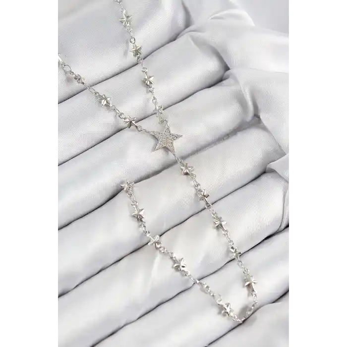 Pirinç Zirkon Taşlı Yıldız Model Gümüş Renk Y Kolye