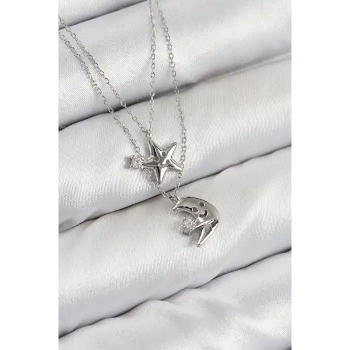 Pirinç Zirkon Taşlı Yıldız Ve Ay Model Gümüş Renk Kadın Kolye