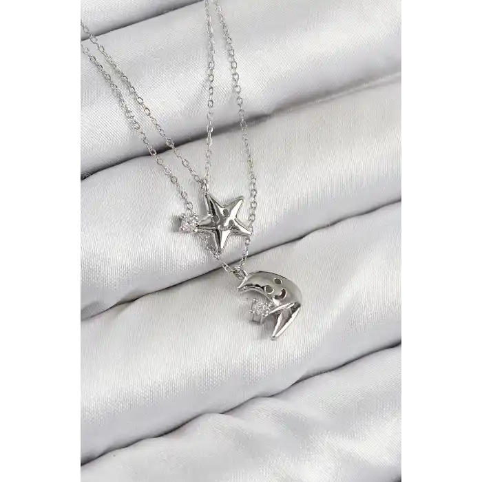 Pirinç Zirkon Taşlı Yıldız Ve Ay Model Gümüş Renk Kadın Kolye