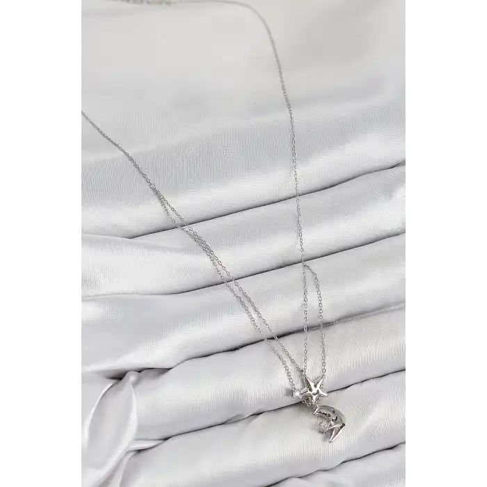 Pirinç Zirkon Taşlı Yıldız Ve Ay Model Gümüş Renk Kadın Kolye