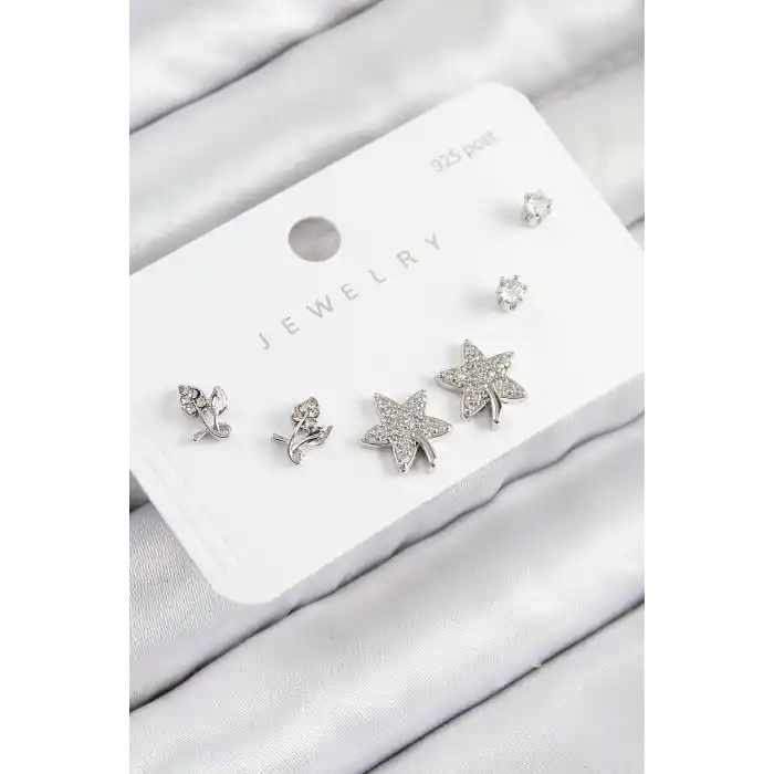 Pirinç Zirkon Taşlı Yıldız Ve Gül Model Gümüş Renk 925 Ayar Gümüş Çivi Kadın Küpe Set