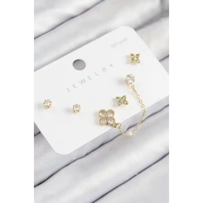 Pirinç Zirkon Taşlı Yonca Model Gold Renk 925 Ayar Gümüş Çivi Kadın Küpe Set