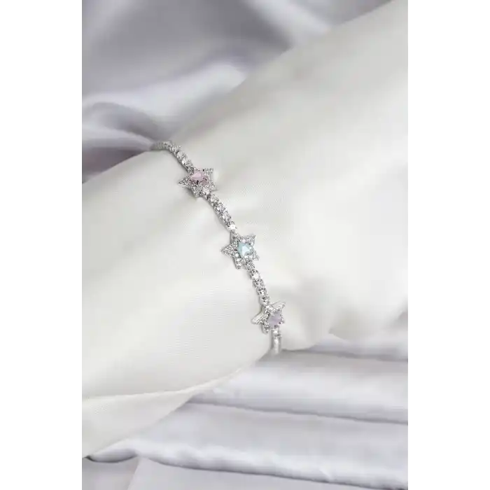 Renkli Yıldız Model Zirkon Taşlı Gümüş Renk Pirinç Su Yolu Kadın Bileklik