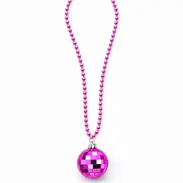 Retro Disko Topu Şekilli 80ler 90lar Fuşya Pembe Renk Plastik Kolye