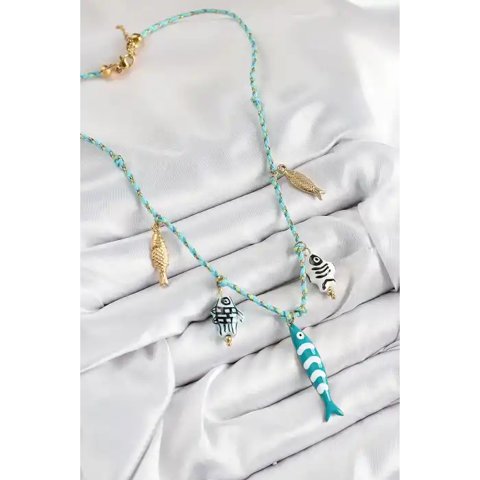 Seramik Motifli Balık Figürlü Model Mavi İp Kadın Kolye