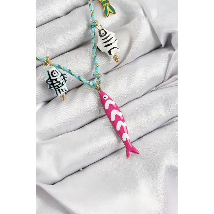 Seramik Motifli Pembe Balık Figürlü Model Mavi İp Kadın Kolye
