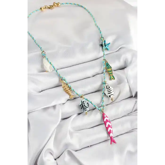 Seramik Motifli Pembe Balık Figürlü Model Mavi İp Kadın Kolye