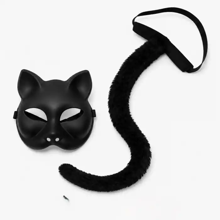 Siyah Kedi Maskesi ve Peluş Kuyruk Kostüm Seti 70 cm