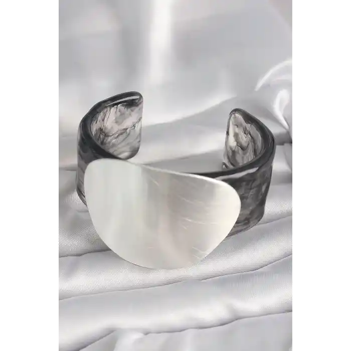 Siyah Mermer Desen Akrilik Pilastik Gümüş Plaka Model Vintage Kadın Bilezik