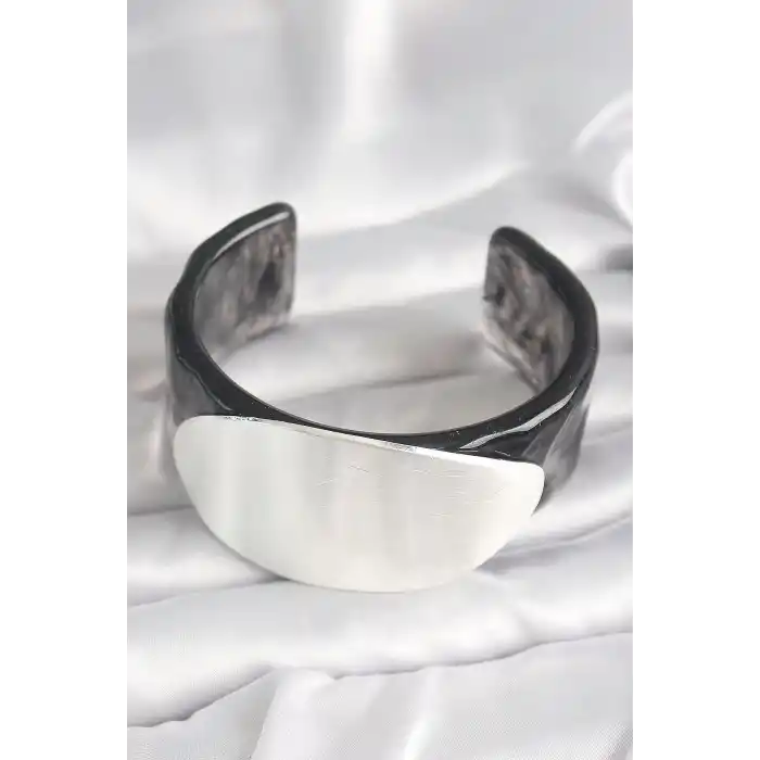 Siyah Mermer Desen Akrilik Plastik Gümüş Oval Plaka Model Vintage Kadın Bilezik