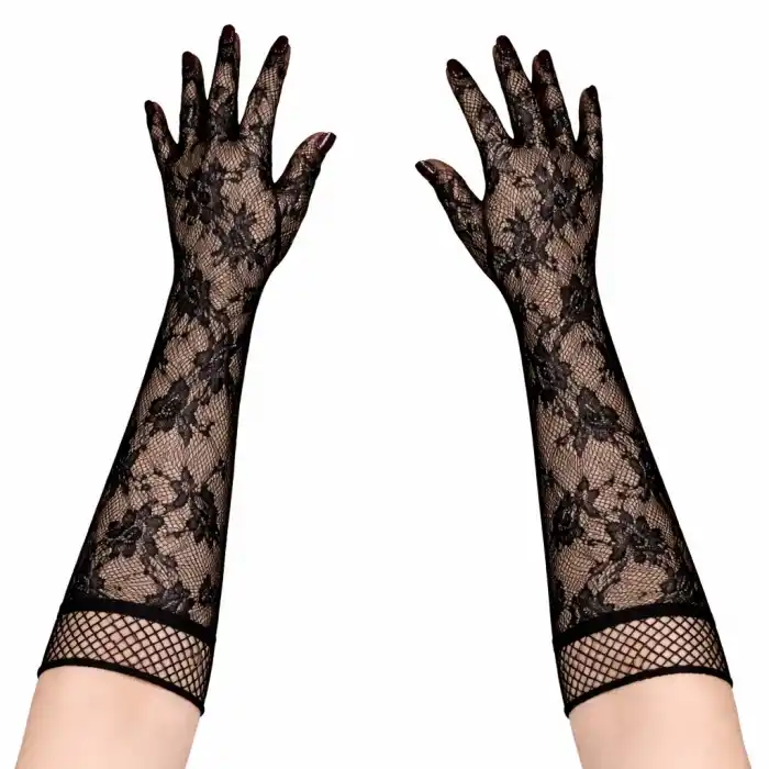 Siyah Uzun Gül Desenli Dantel Kadın Eldiveni