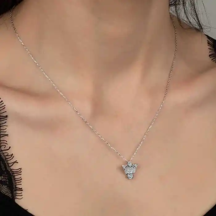 Swarovski Taşlı Gümüş Kral Tacı Bayan Kolye
