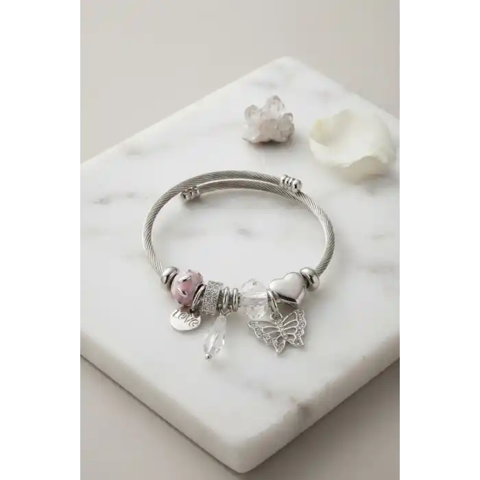 Taşlı Kelebek ve Pembe Charmlı Bileklik