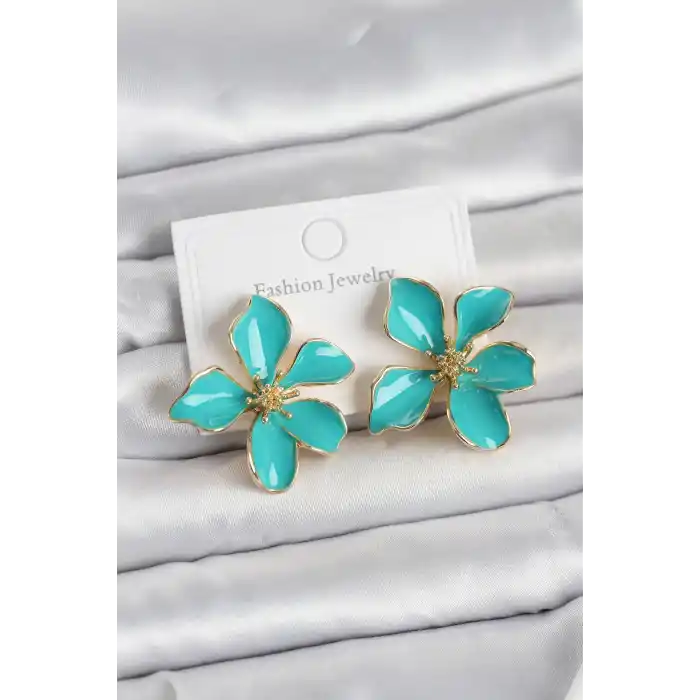 Turkuaz Mineli Çiçek Model Pirinç Kadın Küpe