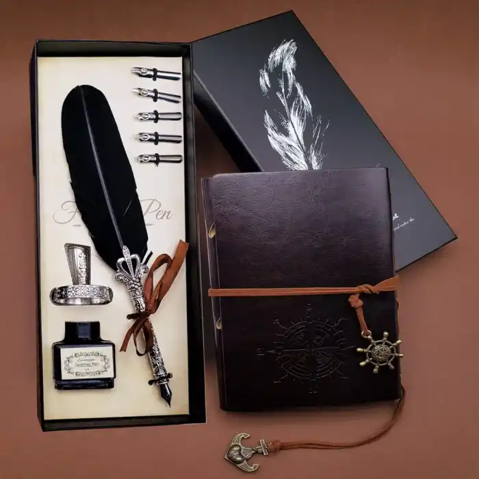 Tüylü Kalem ve Deri Defter Set 646