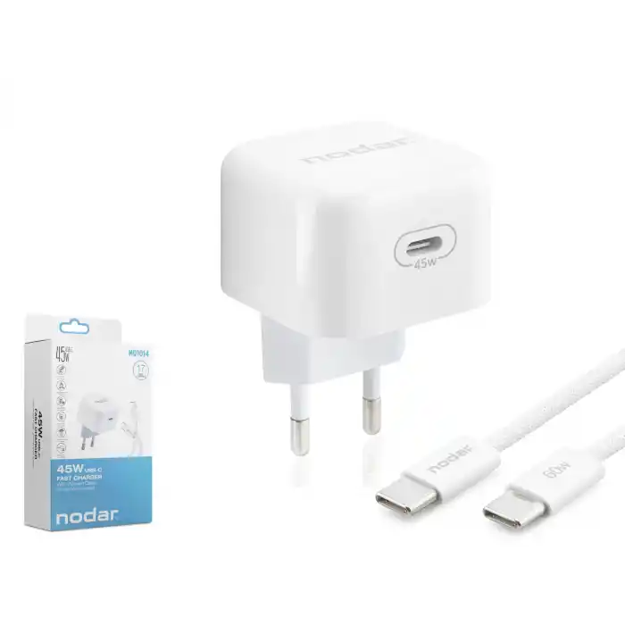 Type-c Hızlı Şarj Seti 45W Type-c Adaptörlü 1 M Örgülü Kablolu Beyaz ND1014