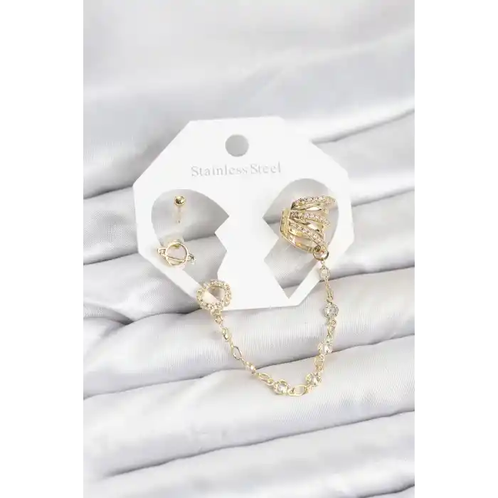 Uzay Model Pirinç Gold Renk Zincir Bağlantılı Ear Cuff Küpe Seti