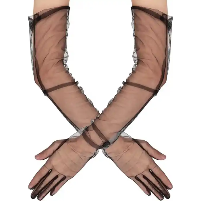 Uzun Boy Likralı Siyah Renk Yetişkin Mega Tül Eldiven 53 cm