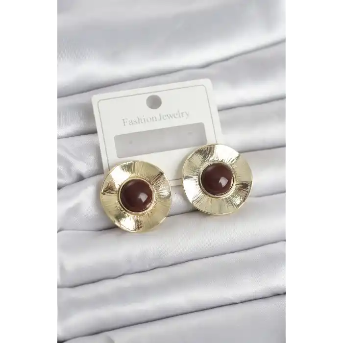 Vintage Model Kahverengi Gold Renk Pirinç Kadın Küpe