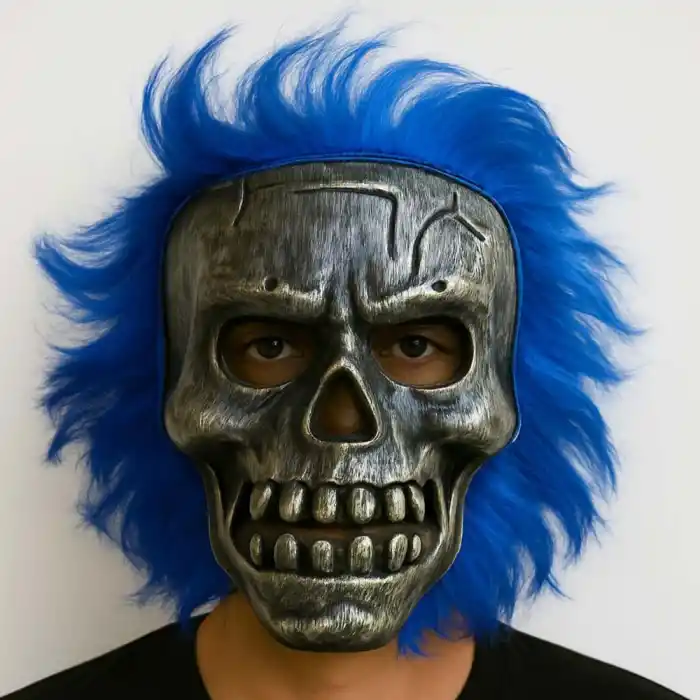 Wild Skull - Gümüş Kafatası Mavi Saçlı İskelet Maske