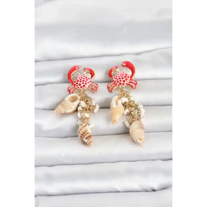 Yengeç Model Deniz Kabuğu Detaylı Kadın Küpe