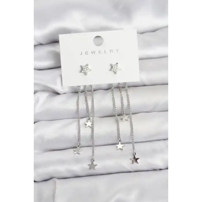 Yıldız Model Gümüş Renk Pirinç Sallantılı Kadın Küpe