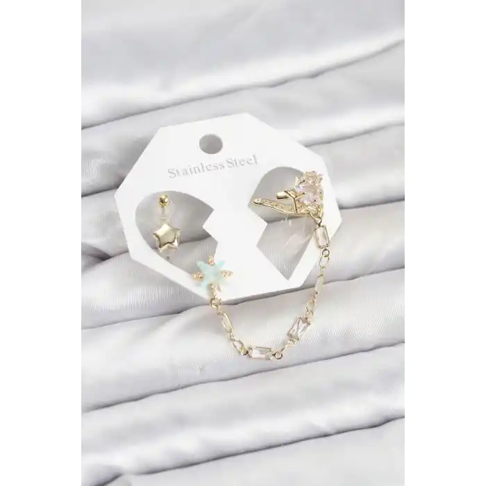 Yıldız Model Pirinç Gold Renk Zincir Bağlantılı Ear Cuff Küpe Seti