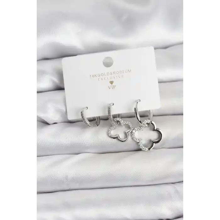 Yonca Model Gümüş Renk Pirinç 3lü Kadın Küpe Seti