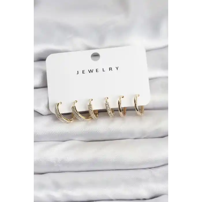 Zirkon Taşlı Gold Renk Pirinç Kadın Küpe Seti