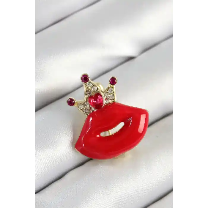 Zirkon Taşlı Kraliçe Taç Detaylı 3D Kırmızı Dudak Figürlü Gold Renk Kadın Broş
